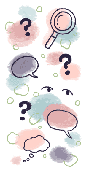 Question marks, thought bubbles, and magnifying glasses float in space.