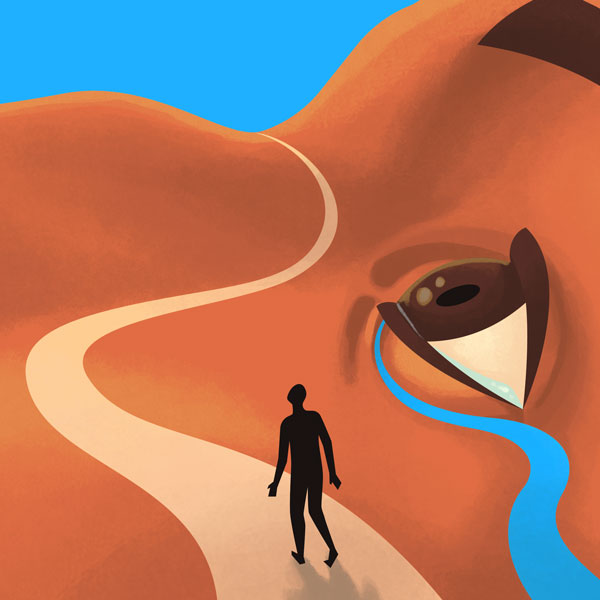 a giant mountain in the shape of a person's face with a small man walking in a path created by a tear on the mountain's face