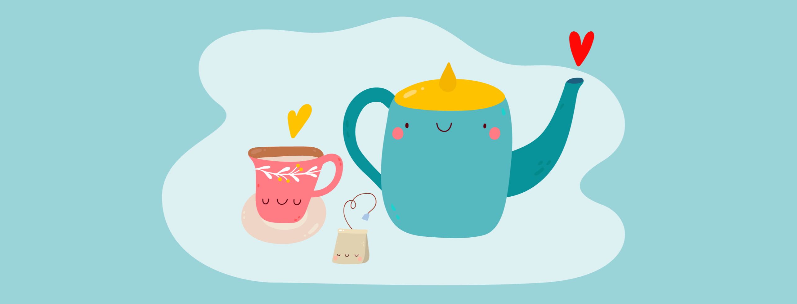 kettle and cup of tea with happy faces drawn on them