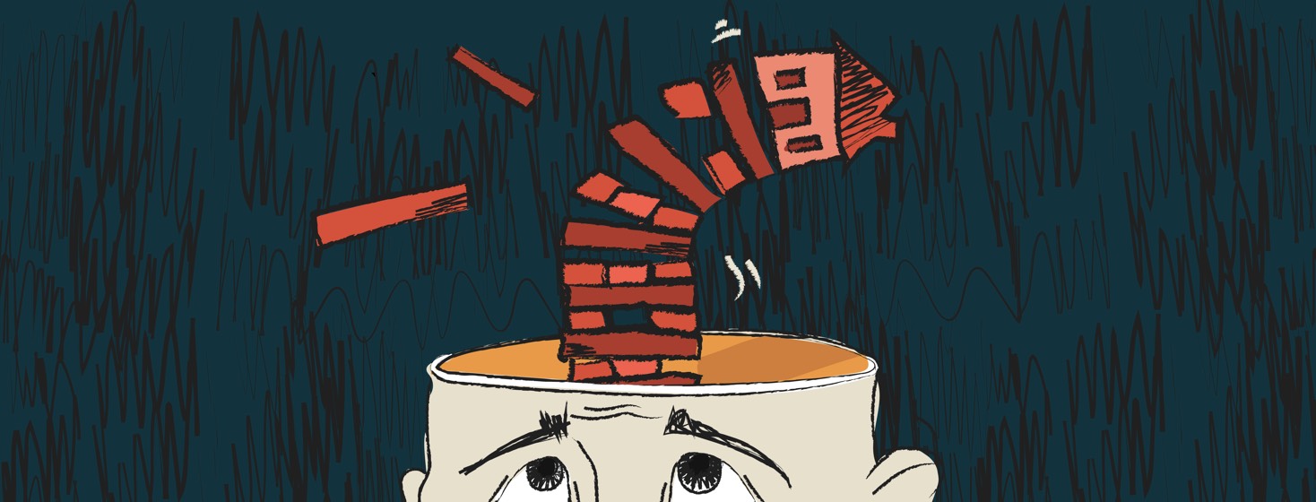 A concerned person looks up as a house tumbles from their head