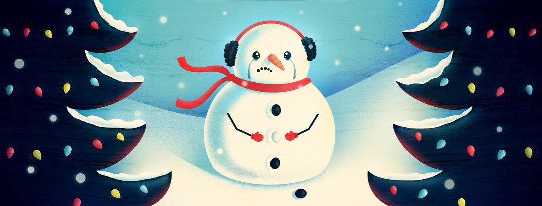 a sad snowman has tears dripping down its face