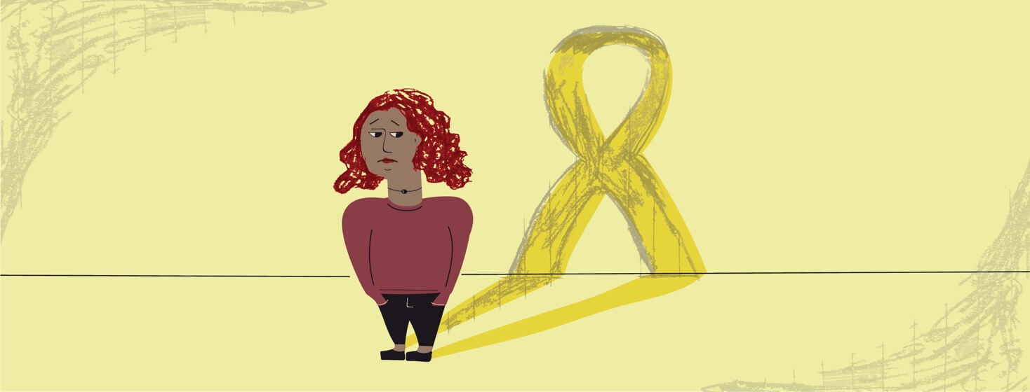 An anxious looking woman who's shadow is a cancer ribbon