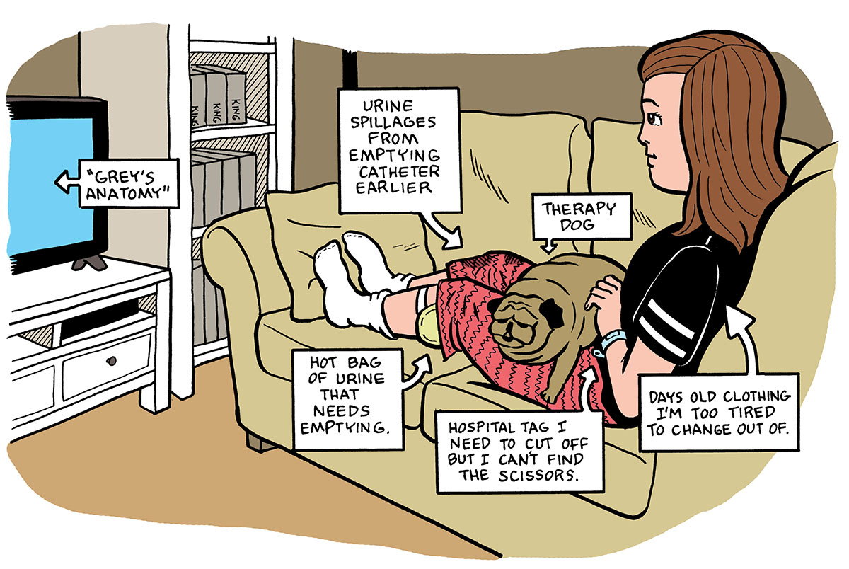Comic of woman sitting with her dog watching TV in dirty clothes with a catheter and bag