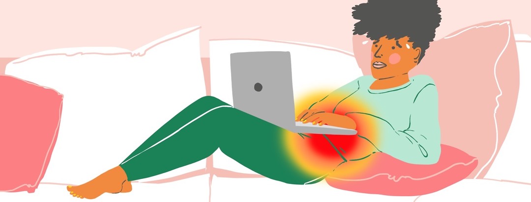 Woman with red glow around her bladder, sitting on couch researching