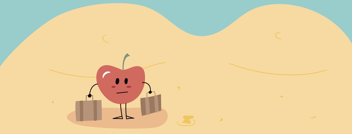 a cherry with his bags packed standing and looking unhappy on a woman's abdomen