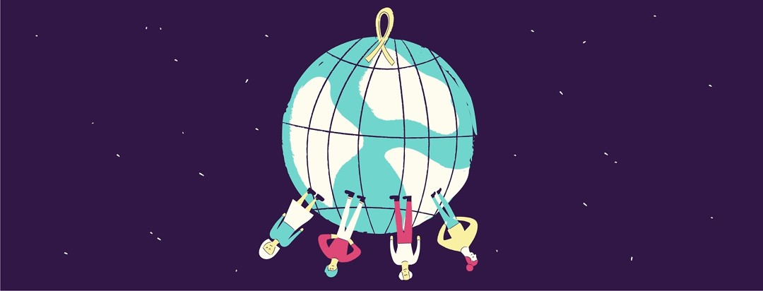 the world with a cancer ribbon on top and four people on the bottom, standing upside down