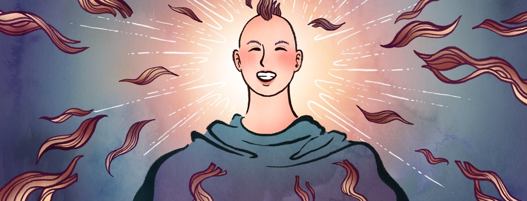 A woman with a mohawk hairstyle and wearing a haircutting cape smiles brightly as her hair flies away.