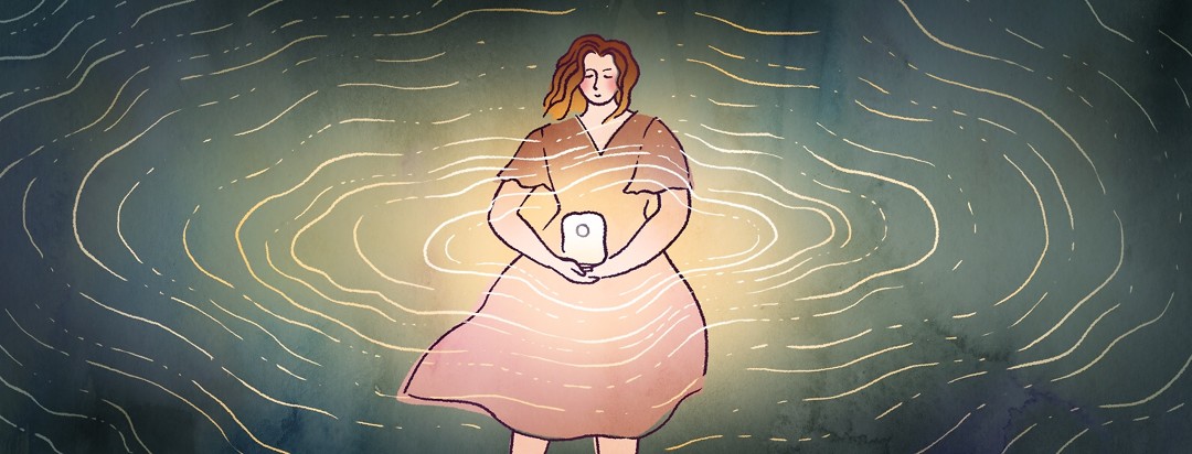 A woman holds an ostomy bag, which emits a softly glowing light.