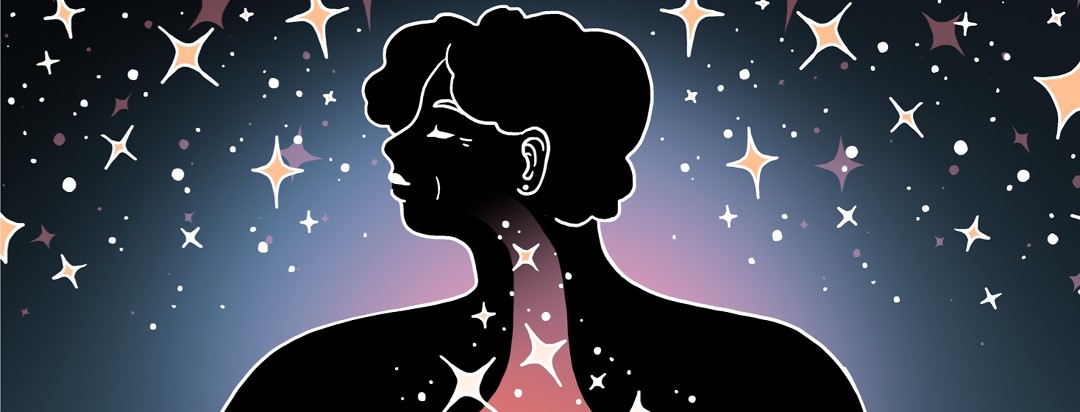 Surrounded by a starry night sky, a woman's esophagus is highlighted by soothing stars.