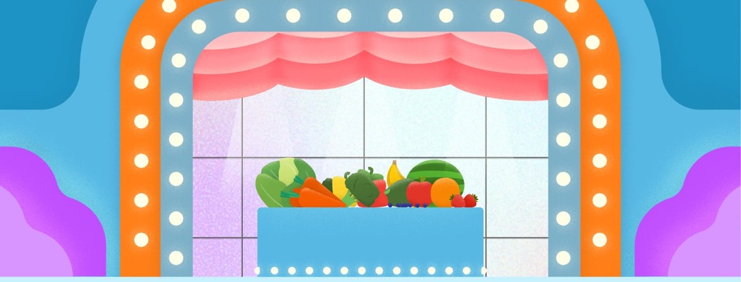 fruits of vegetables being presented as a prize in a game show