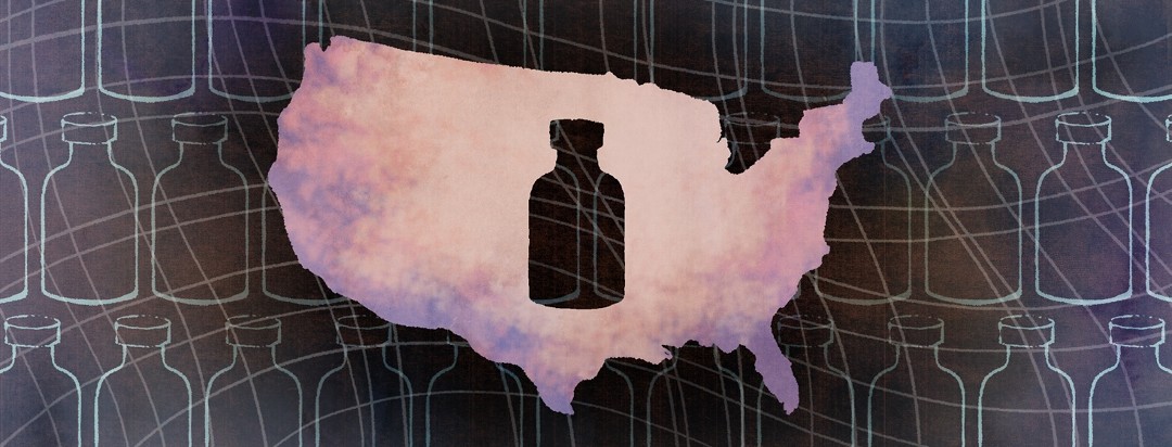 The silhouette of a bottle of BCG treatment is cut out of a map of the United States, as the outilnes of various bottles crowd the background behind them.