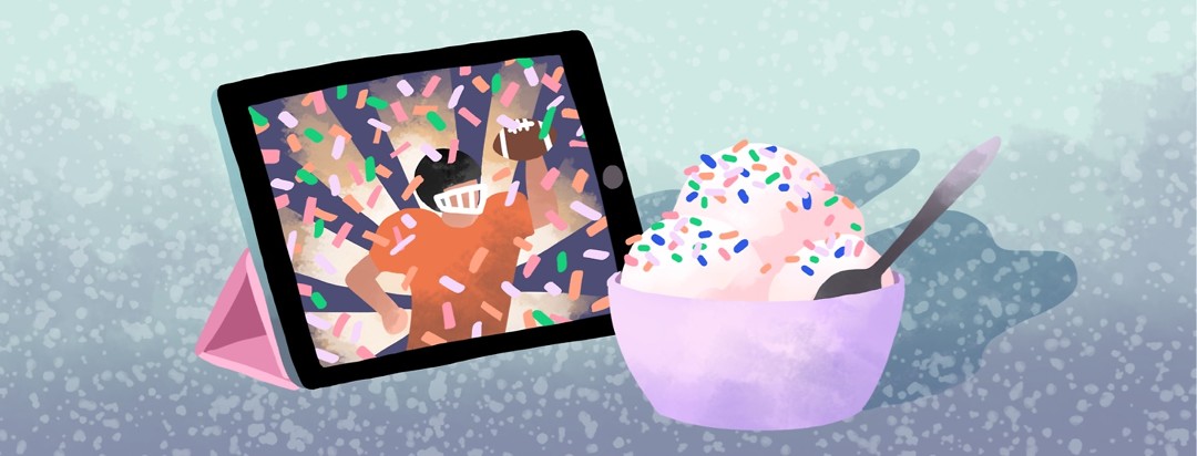 An iPad screen shows a triumphant football player showered with confetti next to a bowl of ice cream with rainbow sprinkles.
