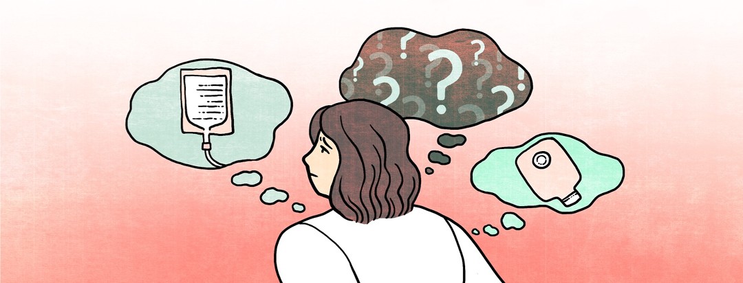 An anxious woman is surrounded by speech bubbles containing images of an IV drug, ostomy bag and a dark void full of question marks.