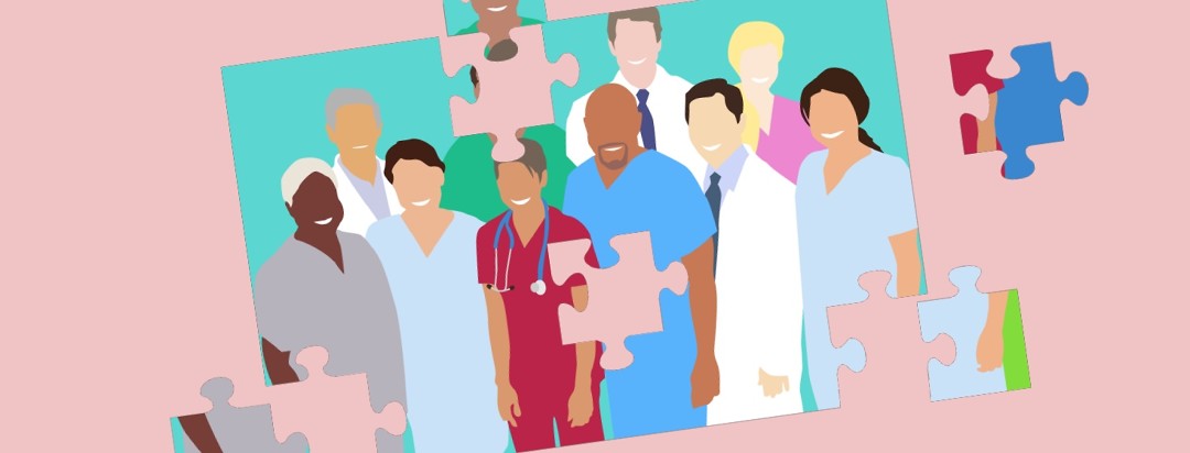 A partly finished puzzle shows a team of doctors, healthcare workers and support providers.