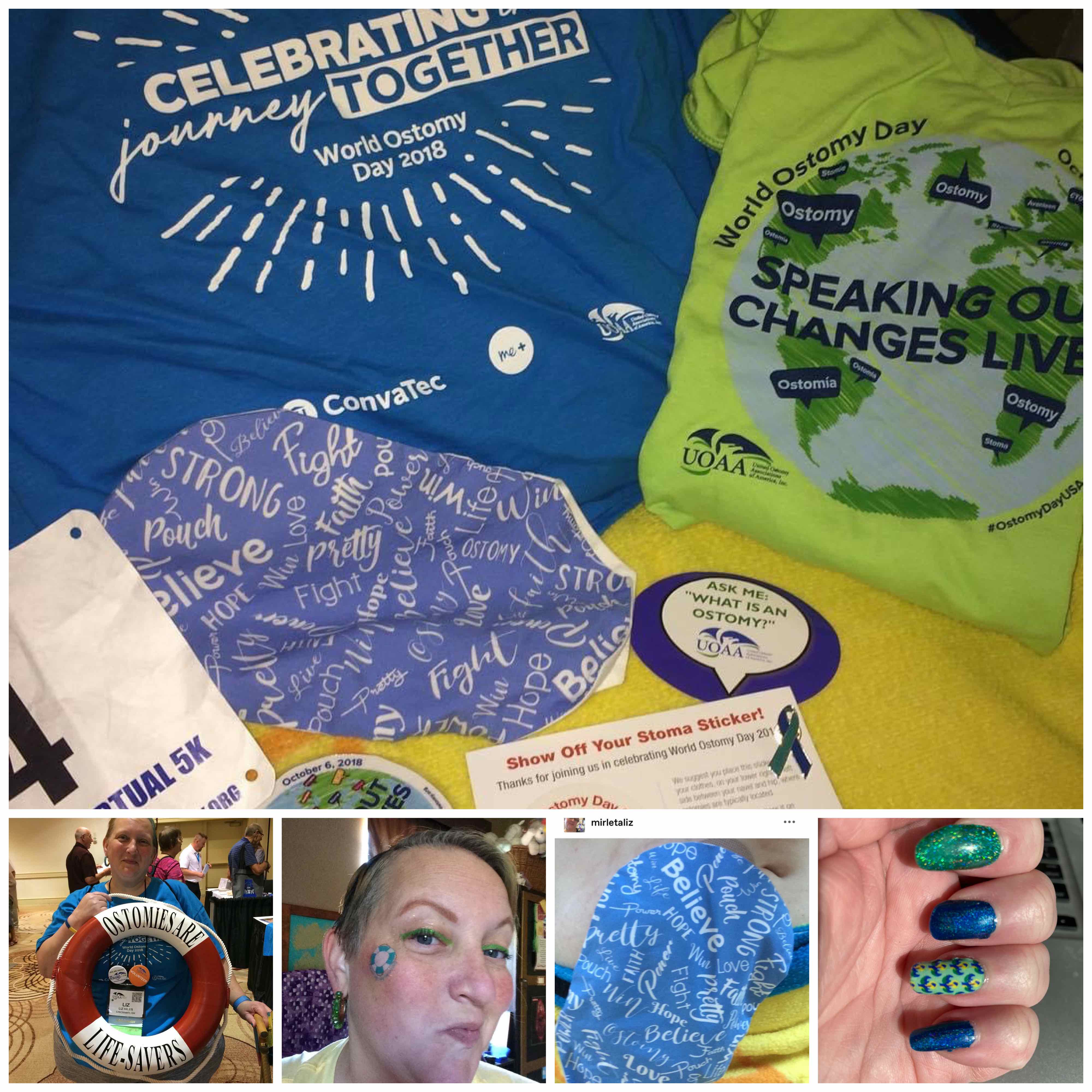 Collage showing Ostomy Awareness Day and Run for Resilience t-shirts, makeup, temporary tattoo that says Ostomies are Lifesavers, nail polish and jewelry