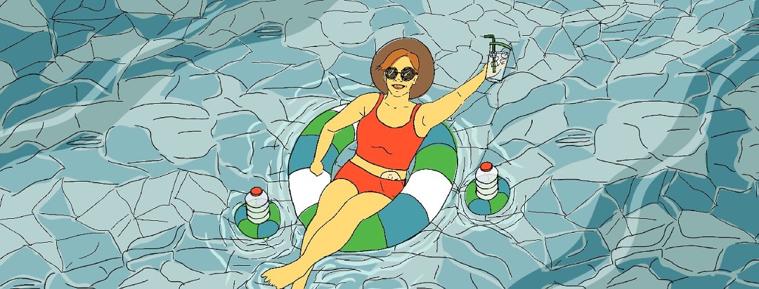 Person on floatie holding up a cup of water with 2 more water bottles floating beside them