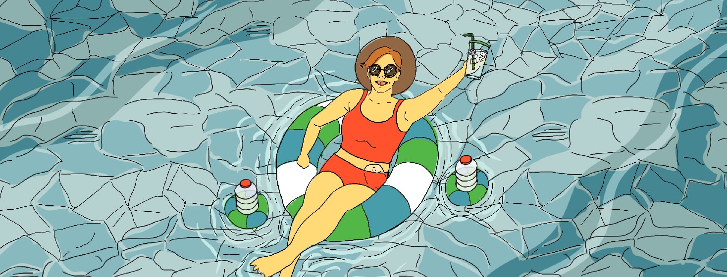 Person on floatie holding up a cup of water with 2 more water bottles floating beside them