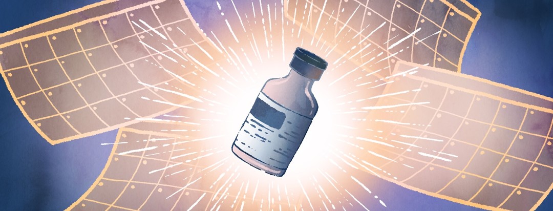 A bottle containing an immunotherapy drug glows with a bright light.