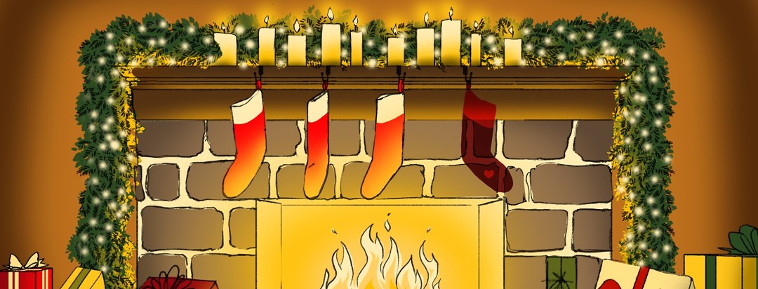 Several stockings are hung over a blazing fireplace that also features a Christmas garland draped over the sides and a row of lit candles. One of the stockings has a heart on it and appears more like a shadow than an actual stocking.