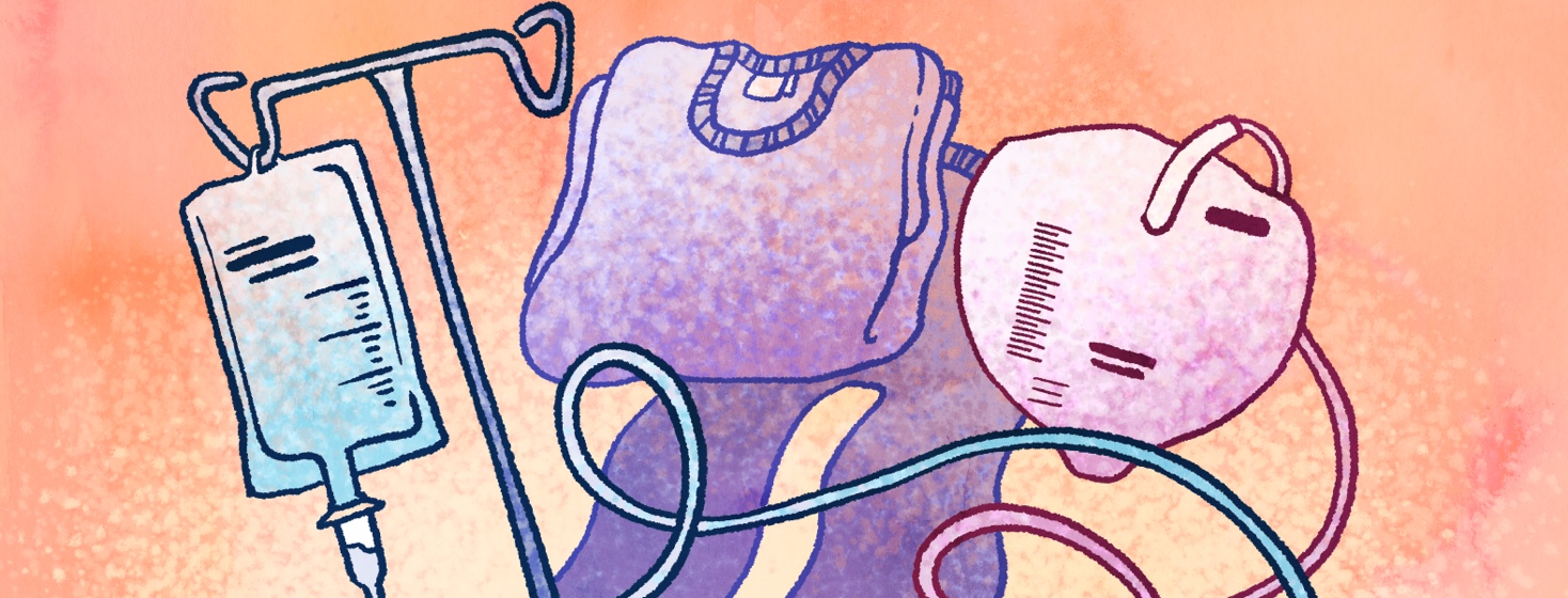 An IV bag on a pole rests next to a change of clothes and a Foley bag.