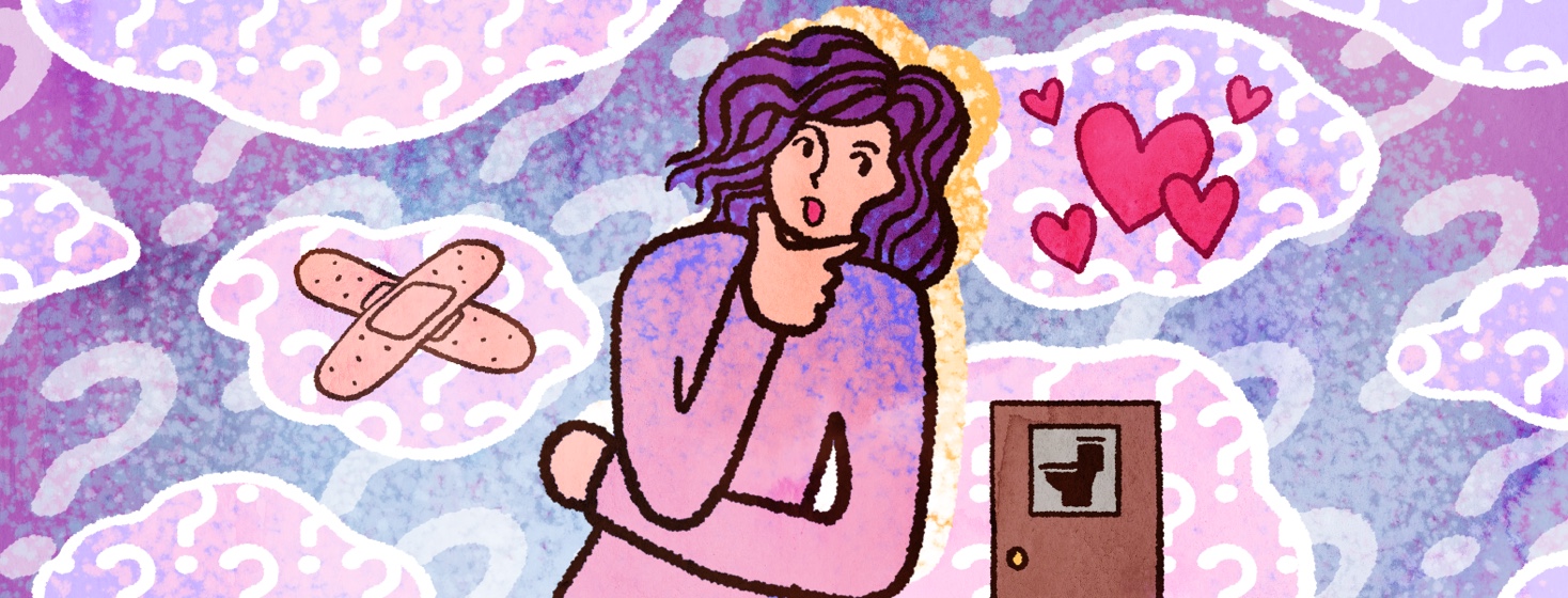 A woman strikes a thinking pose as various thought bubbles and question marks float around her.