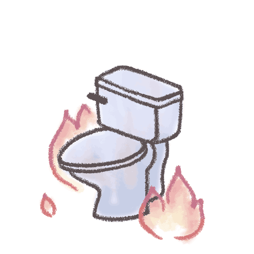 Flames surrounding a toilet grow high and diminish.