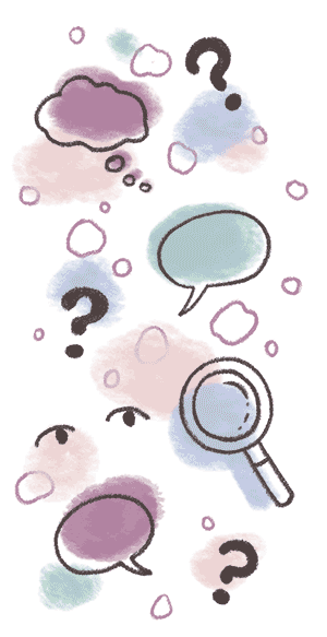 Question marks, thought bubbles, and magnifying glasses float in space.