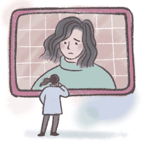 A woman with a worried expression floats on a large digital screen in front of a doctor.