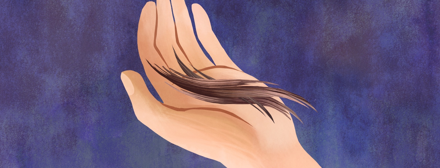 Close-up of a person holding pieces of hair in their hand.