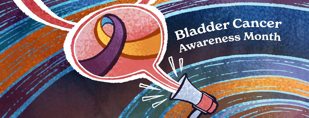 A bladder-shaped speech bubble emerges from a megaphone, containing an awareness ribbon.