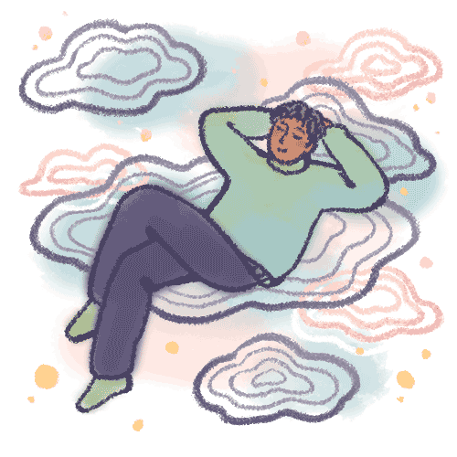 A man rests peacefully on clouds.