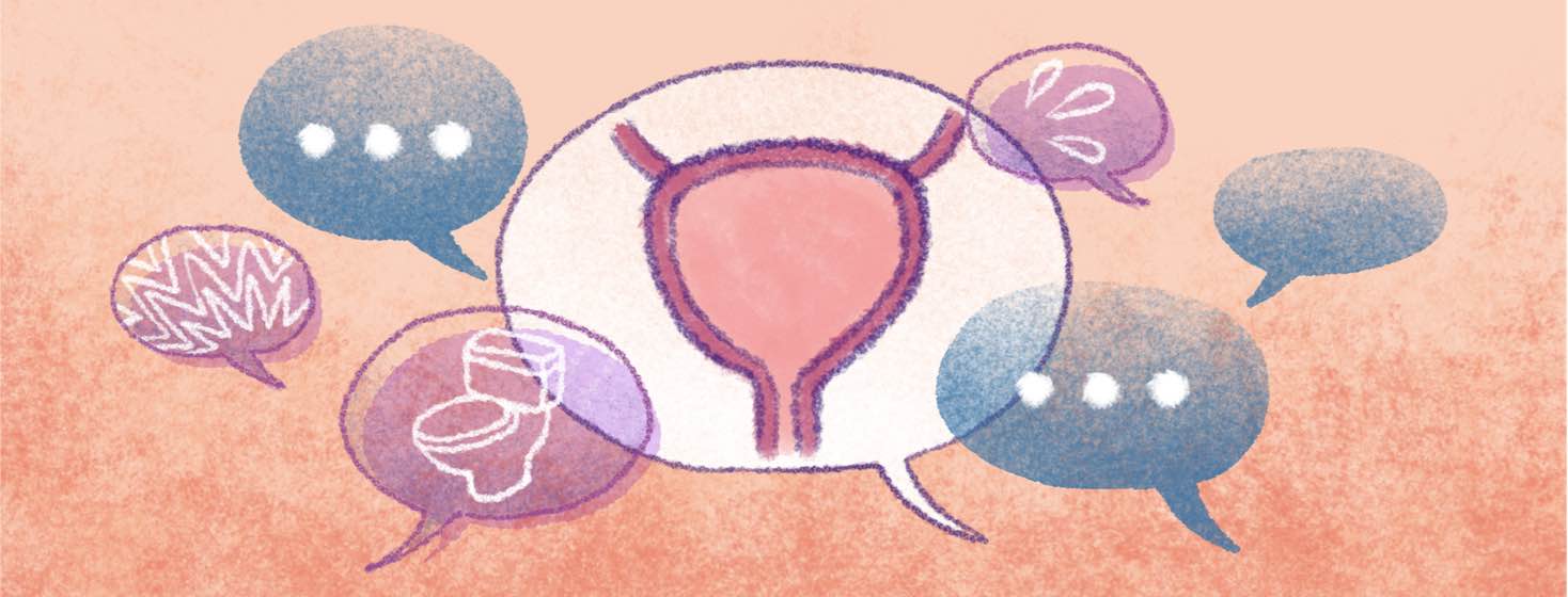 Various speech bubbles depicting treatment side effects surround a diagram of a bladder.