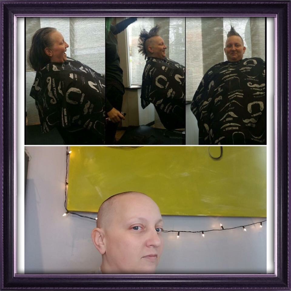 4 photos showing the different stages of Liz's hair being shaved off from long to mohawk to a bald head.