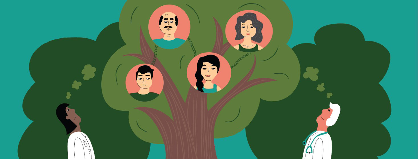 Two doctors looking up at a family tree with portraits of family members in the branches.