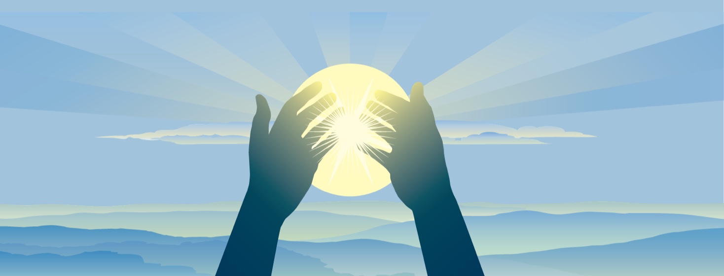 Lands lifted up toward the sun in a peaceful sky.