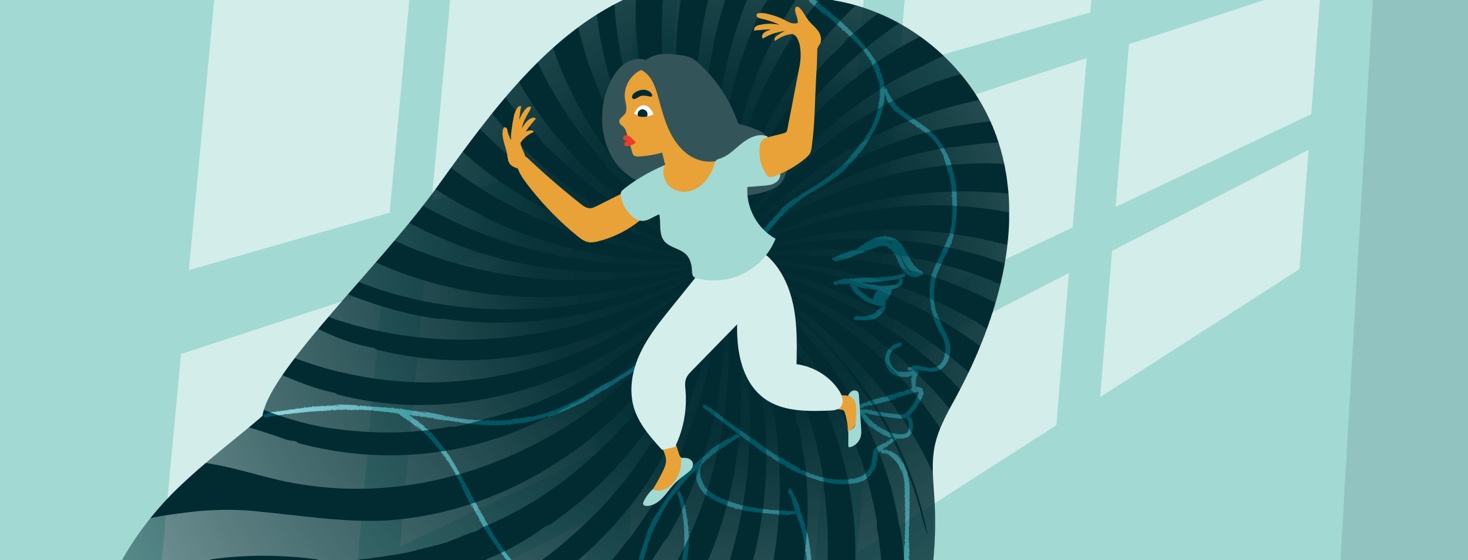 a woman shown trapped inside her own head