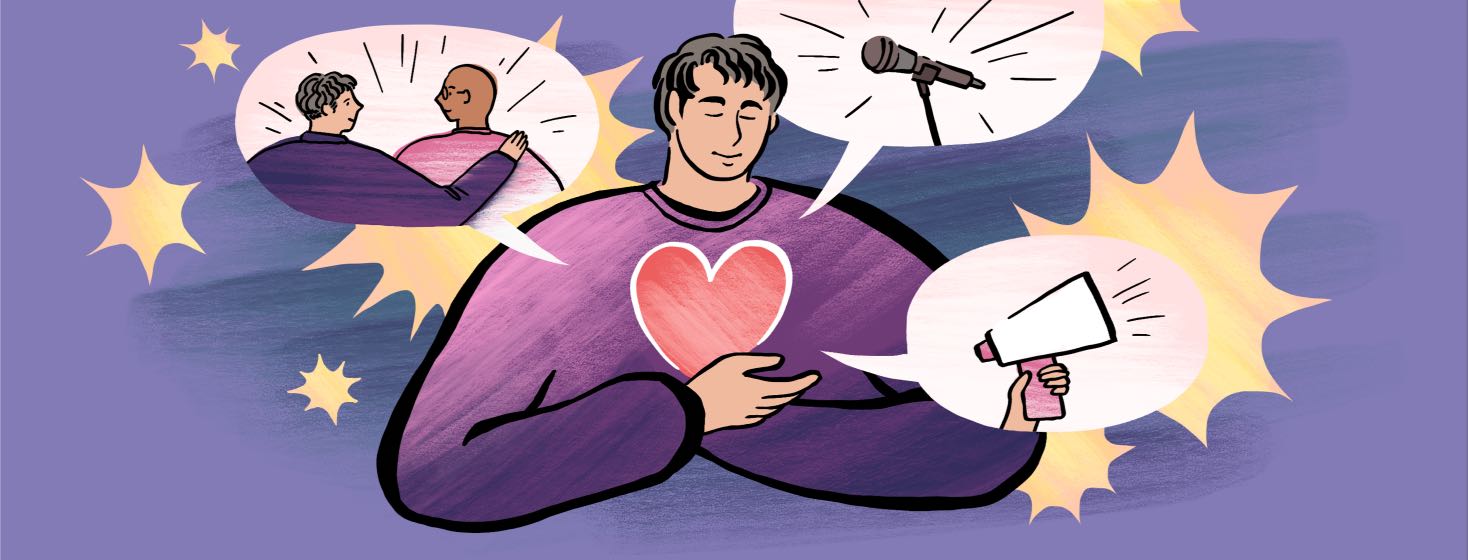 A man holds a heart in his hands, surrounded by speech bubbles showing different ways to be a cancer awareness advocate.