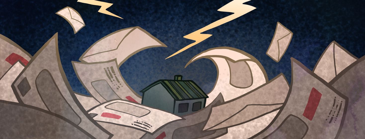 A turbulent sea of bills and letters crash over a sinking house in a dark storm.
