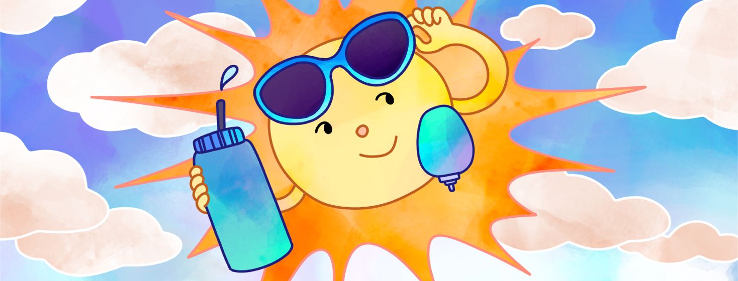A smiling sun with sunglasses and a urostomy bag holds a water bottle.
