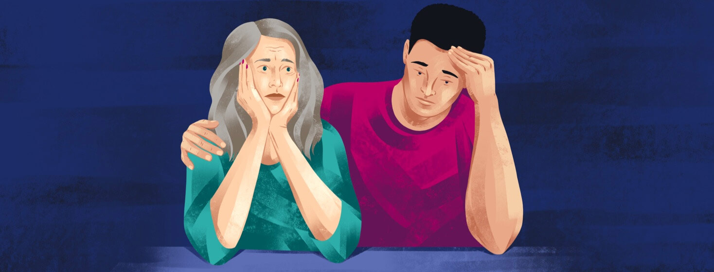 An Elder adult woman and young adult male look distressed and worried.