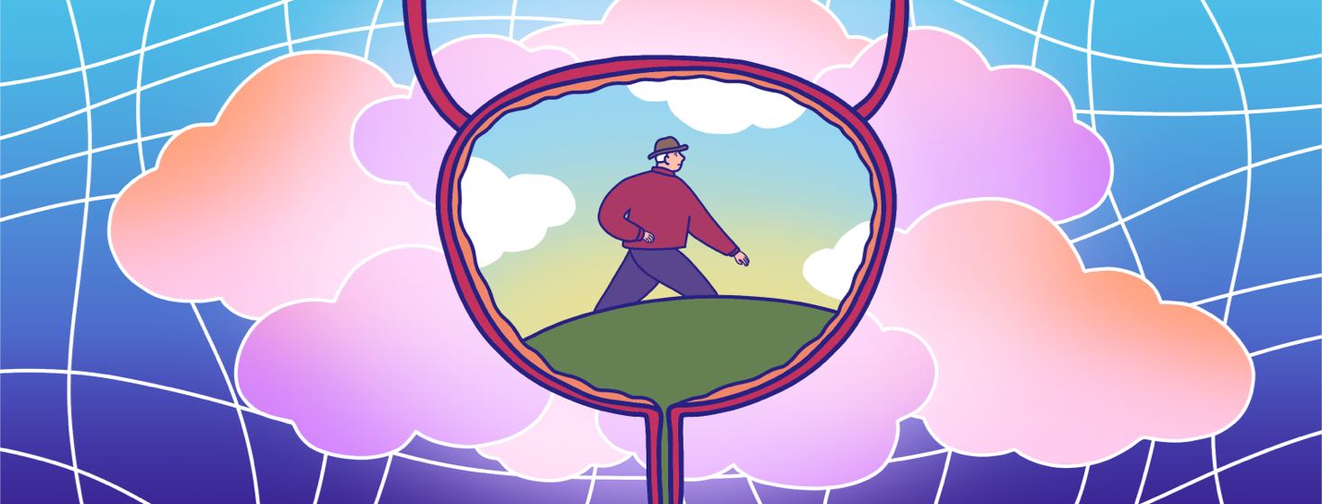 A vignette of a man walking up a hill is framed by a bladder and clouds.