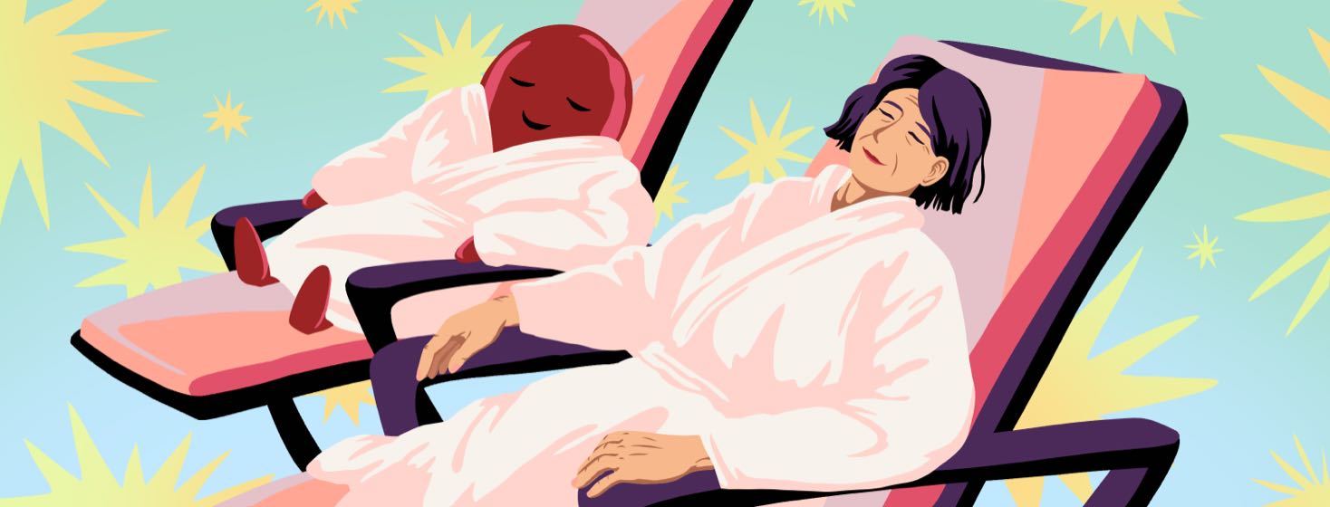 A woman and her stoma relax in spa chairs, each wrapped in their own bathrobe.