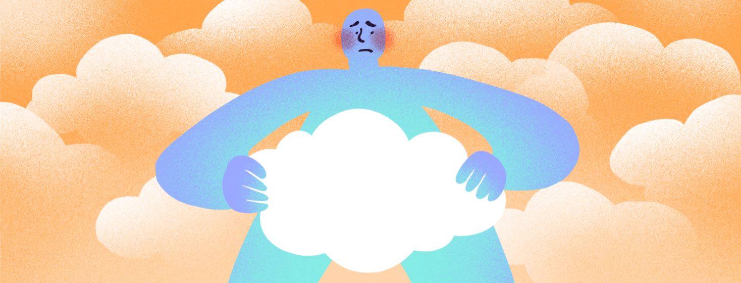 A person with an embarrassed expression uses a cloud to cover their lower body.
