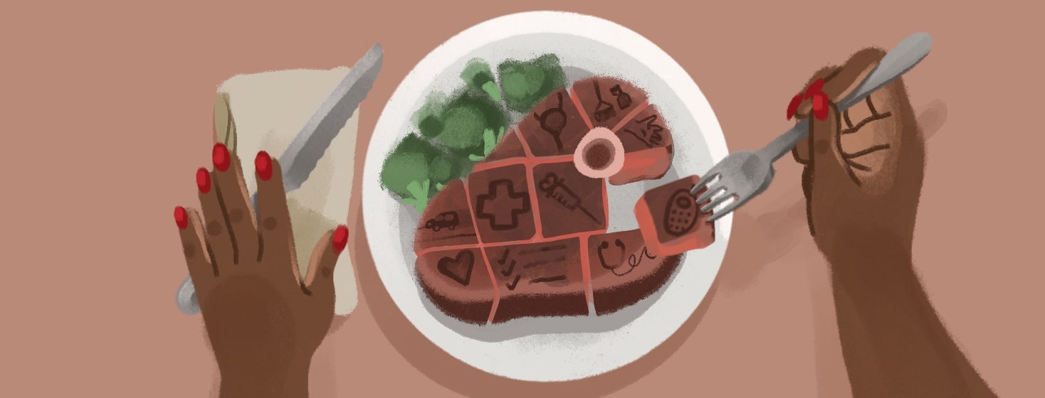 A plate sits on a table cut up into multiple pieces with a hand on each side, on each piece of the meat is a task grilled into the meat. A hand holding a fork has plucked a piece of the steak up. Black, female, nails, food, eat, bites, knife, fork, broccoli