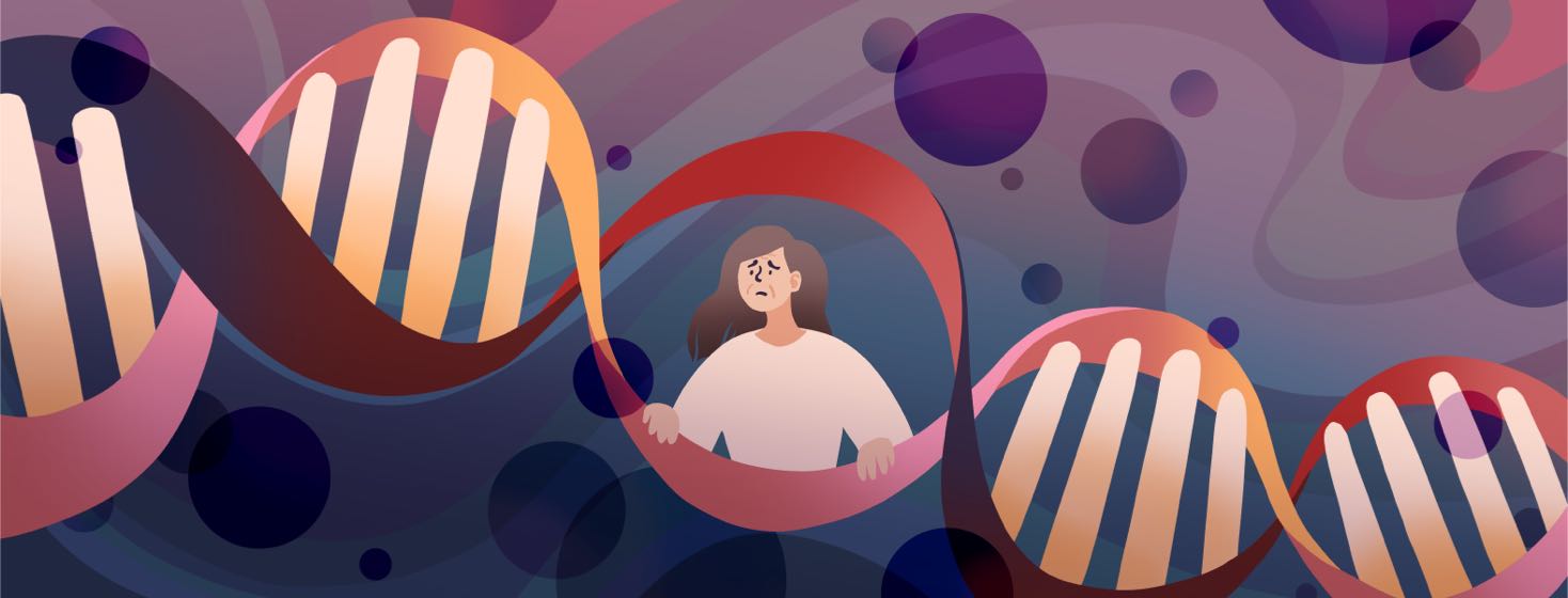 A woman looks out from inside a strand of DNA with a worried expression.