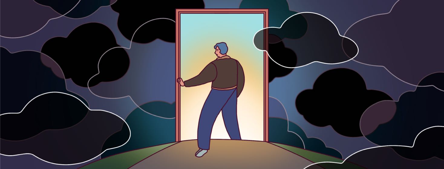 Surrounded by dark clouds, a man walks through a door towards a bright light.