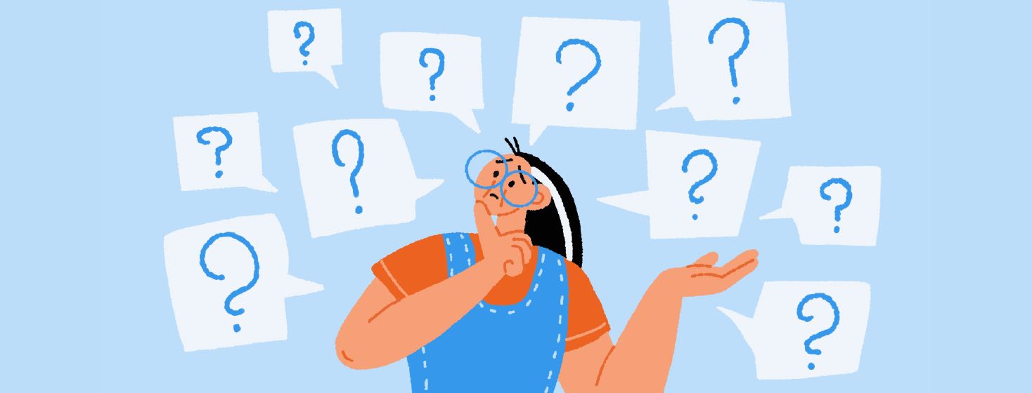 A confused woman surrounded by speech bubbles with question marks.