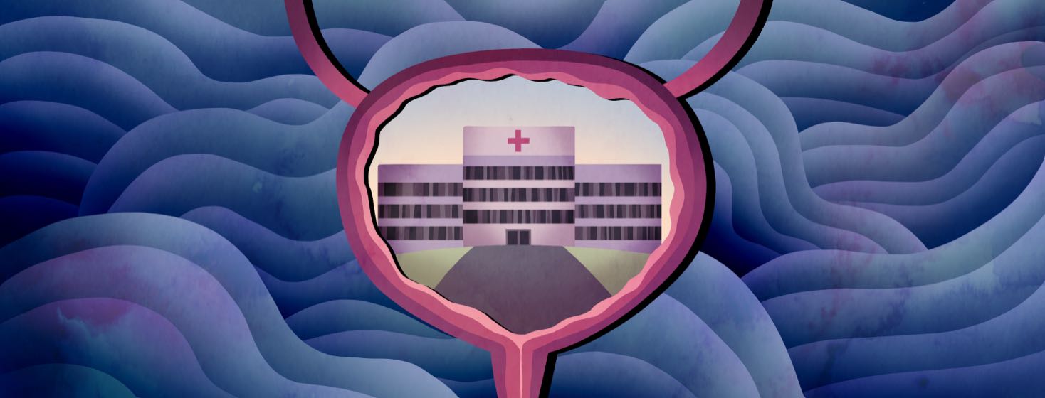 A view of a hospital building framed inside a bladder, surrounded by abstract waves of water.