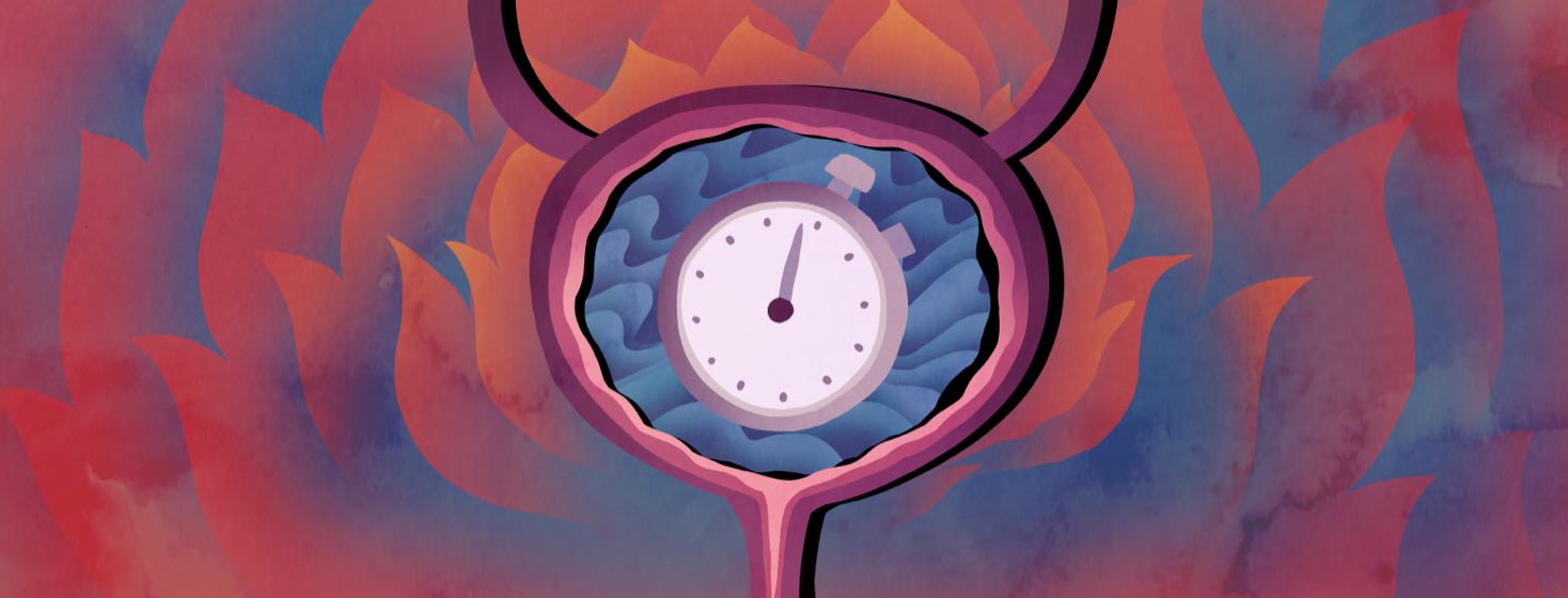 A bladder filled with liquid shows a stopwatch inside it, as flames surround it in the background.
