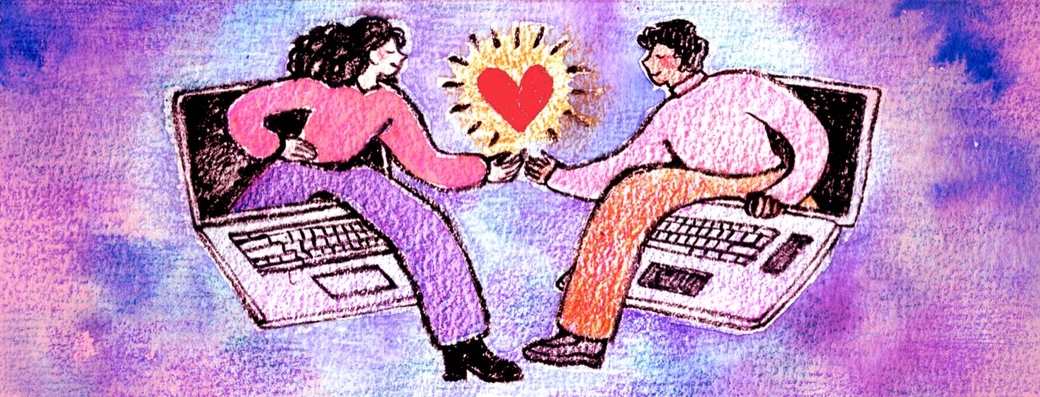 A woman and a man step out of the screens of two laptops facing each other to hold a heart in between them.